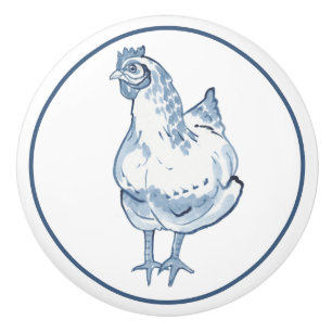 Rustic Blue & White Chicken Hen Country Delft Ceramic Knob