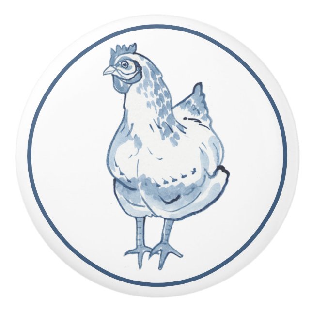 Rustic Blue & White Chicken Hen Country Delft Ceramic Knob (Front)