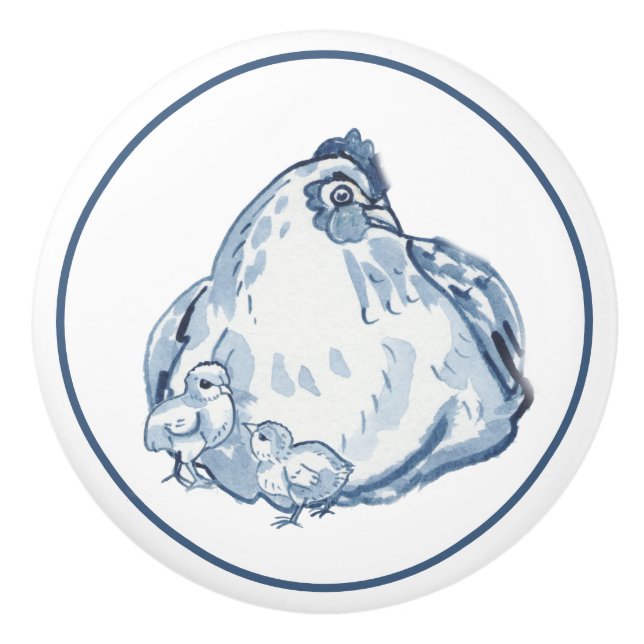 Rustic Blue & White Chicken Hen Country Delft Ceramic Knob (Front)