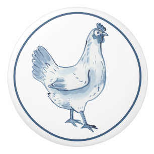 Rustic Blue & White Chicken Hen Country Delft Ceramic Knob