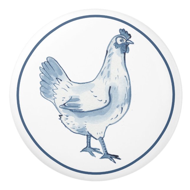 Rustic Blue & White Chicken Hen Country Delft Ceramic Knob (Front)