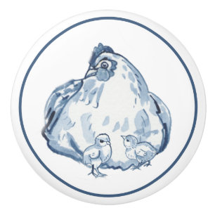 Rustic Blue & White Chicken Hen Country Delft Ceramic Knob