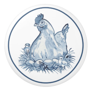 Rustic Blue & White Chicken Hen Egg Chick Country Ceramic Knob
