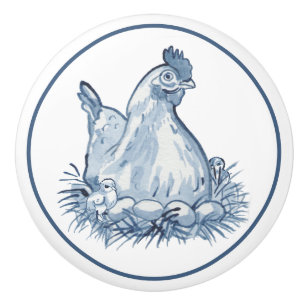 Rustic Blue & White Chicken Hen Egg Chick Country Ceramic Knob