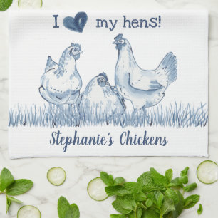 Rustic Blue & White Chicken, Hen Personalized Kitchen Towel