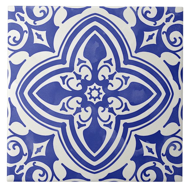 Rustic Blue White Decorative Floral Tile (Front)