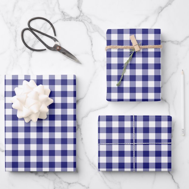 Rustic Blue White Gingham Chequered Pattern Wrapping Paper Sheet (Front)