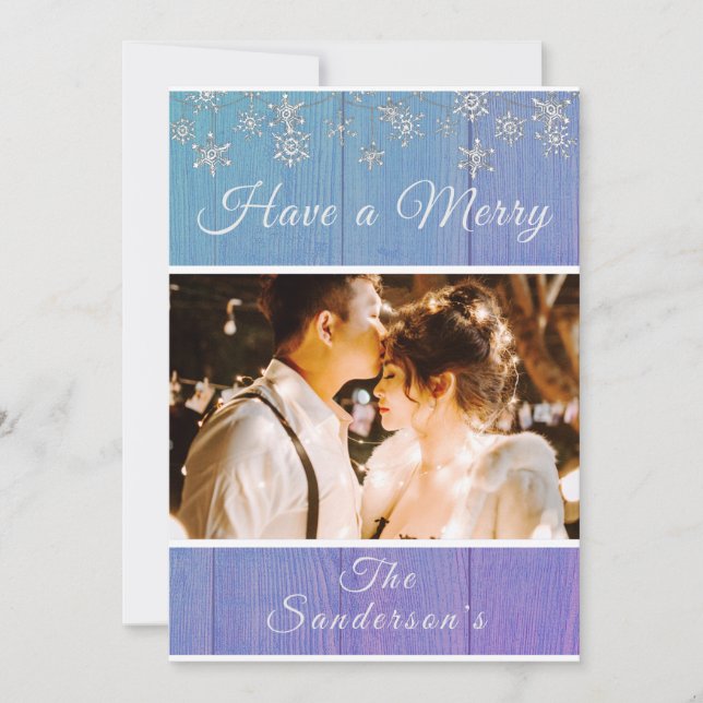 Rustic Blue White Merry Christmas photo card (Front)