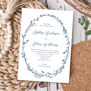 Rustic Blue White Wildflower Wreath Wedding Invitation