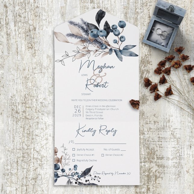 Rustic Blue & White Winter Foliage Dinner All In One Invitation (Creator Uploaded)