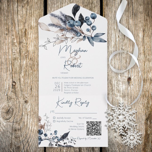 Rustic Blue & White Winter Foliage QR Code All In One Invitation (Creator Uploaded)