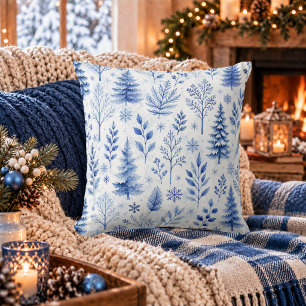 Rustic Blue Winter Botanical Woodland  Throw Pillow