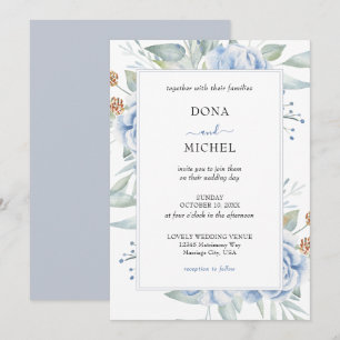 Rustic Blue Winter Floral Wedding Invitation