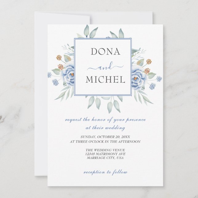 Rustic Blue Winter Floral Wedding Invitation (Front)