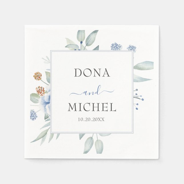 Rustic Blue Winter Floral Wedding Napkin (Front)