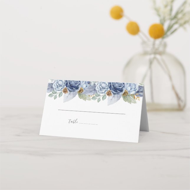 Rustic Blue Winter Floral Wedding Place Card (Front)