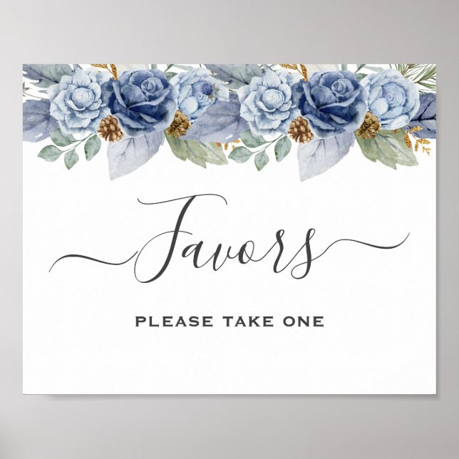 Rustic Blue Winter Floral Wedding Poster (Front)