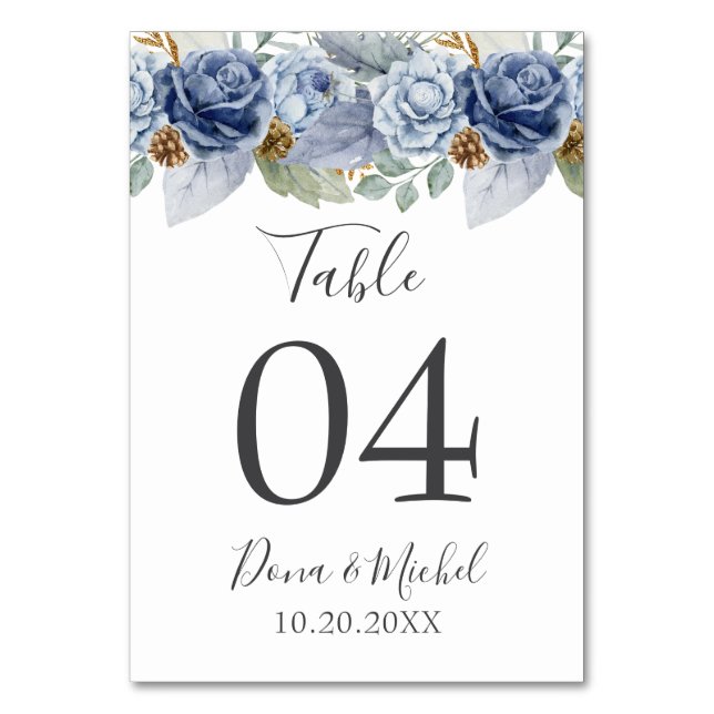 Rustic Blue Winter Floral Wedding Table Number (Front)