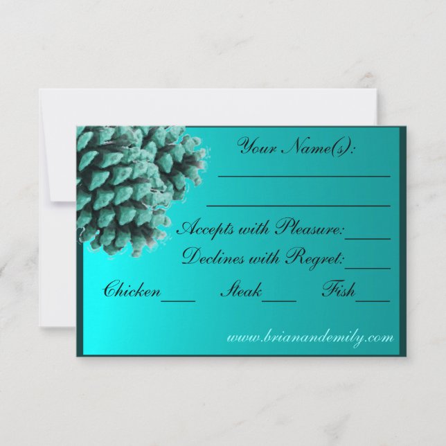 Rustic blue winter pine cone RSVP cards (Front)