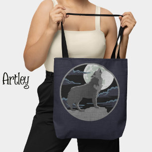 Rustic Blue Wolf Howling at the Moon Nature Scene  Tote Bag