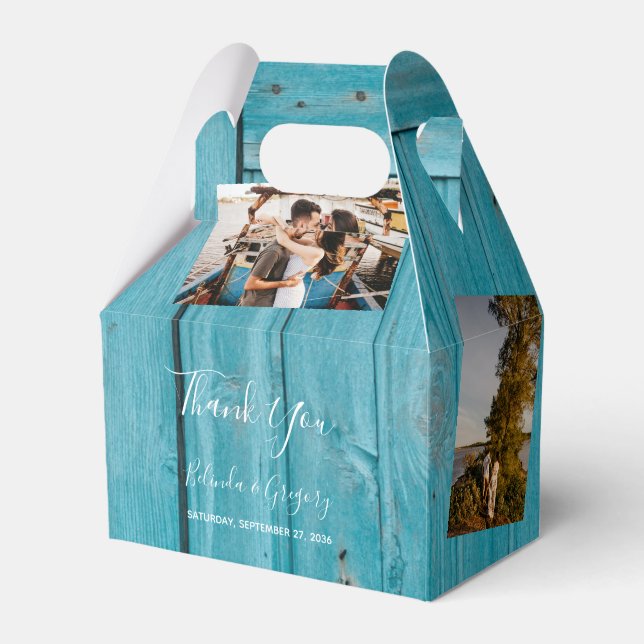 Rustic Blue Wood 4 Photos Wedding Favor Box (Front Side)