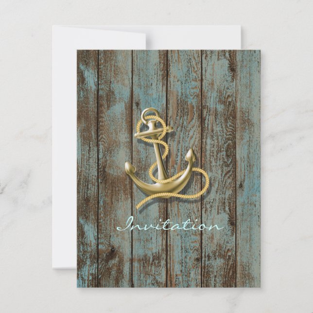 Rustic blue wood beach anchor nautical wedding invitation (Front)