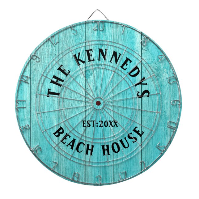 Rustic Blue Wood Beach house Family Name Dartboard (Front)