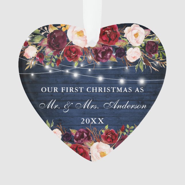 Rustic Blue Wood Burgundy Floral Lights Christmas Ornament (Front)