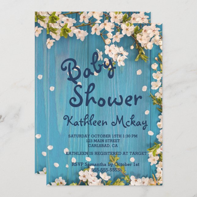 Rustic Blue wood Cherry Blossom Spring Baby Shower Invitation (Front/Back)