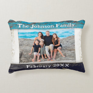 Rustic Blue Wood Family Name Photo Accent Pillow