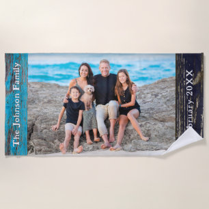 Rustic Blue Wood Family Name Photo Beach Towel