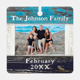 Rustic Blue Wood Family Name Photo Frame Metal Ornament