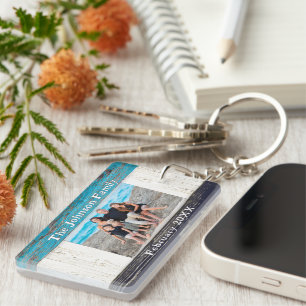 Rustic Blue Wood Family Name Photo Keychain