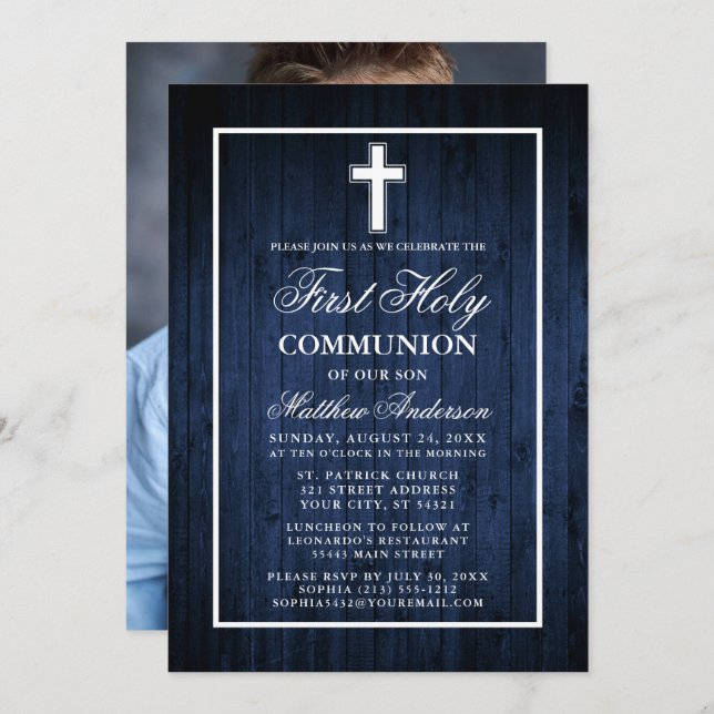 Rustic Blue Wood First Holy Communion Photo Invitation (Front/Back)