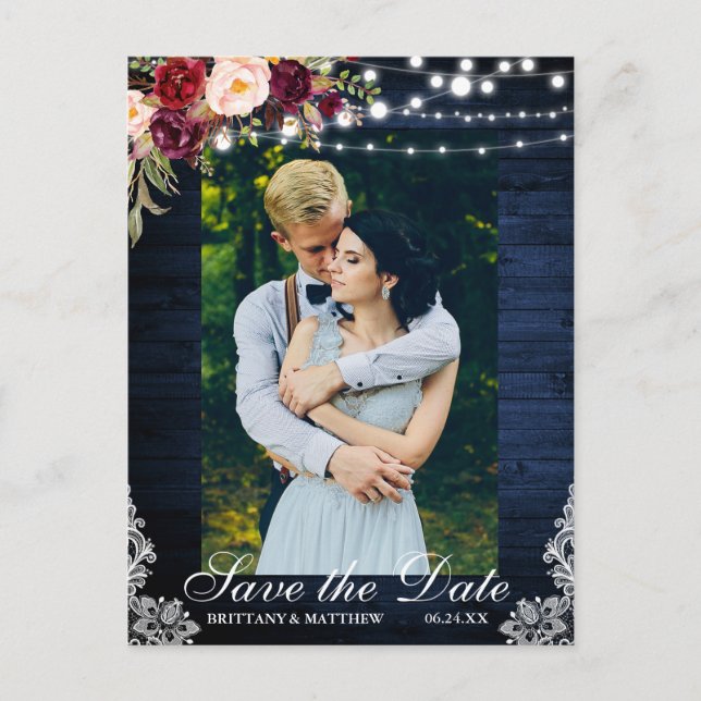 Rustic Blue Wood Floral Lights Lace Save the Date Postcard (Front)