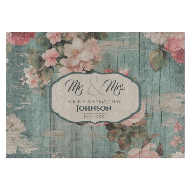 Rustic Blue Wood Floral Personalized Wedding Gift Cutting Board (Front)