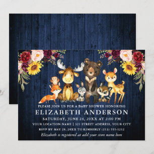 Rustic Blue Wood Flowers Woodland Animals Shower Invitation