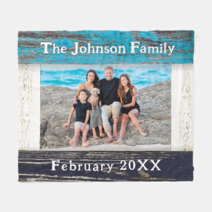 Rustic Blue Wood Frame Family Name Fleece Blanket