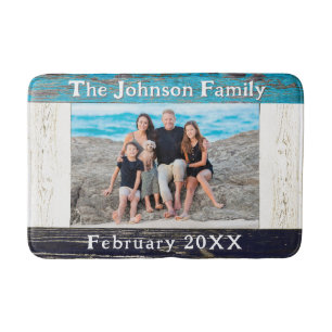 Rustic Blue Wood Frame Family Name Photo Bath Mat