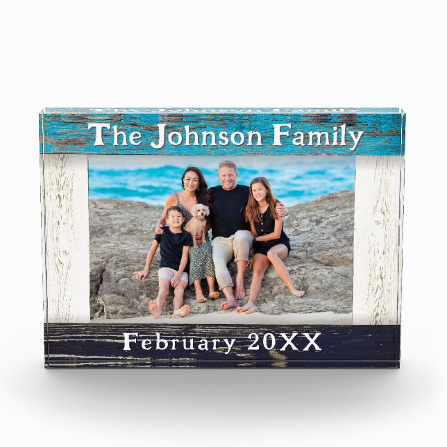Rustic Blue Wood Frame Family Name  Photo Block (Front)