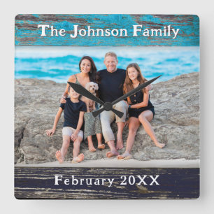 Rustic Blue Wood Frame Family Name Photo Square Wall Clock