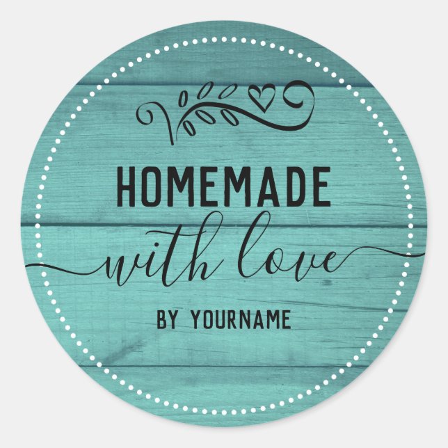 Rustic Blue Wood Homemade Love Business Classic Round Sticker (Front)