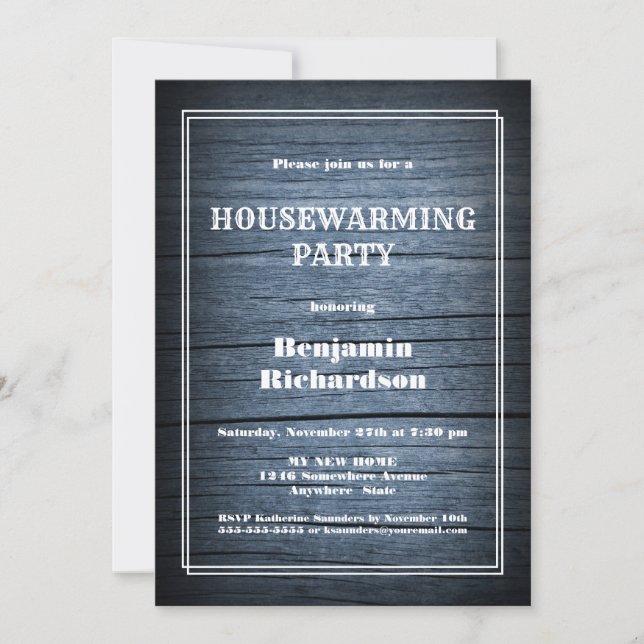 Rustic Blue Wood Housewarming Party Invitation (Front)