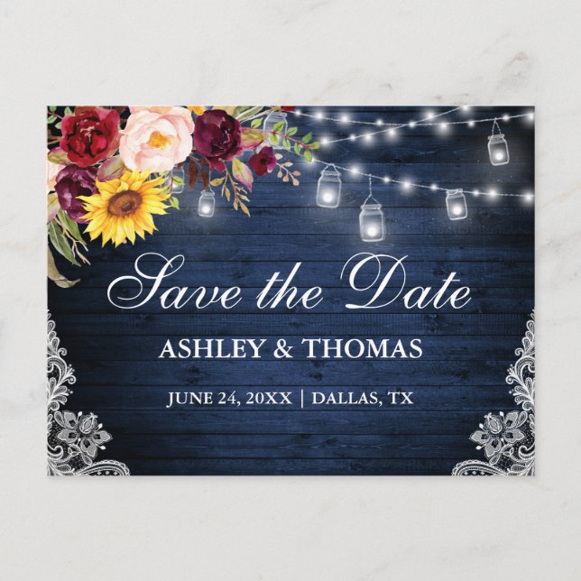 Rustic Blue Wood Jar Lights Lace Floral Announcement Postcard (Front)