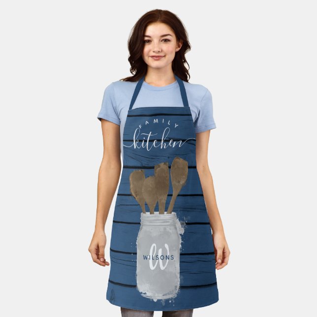 Rustic Blue Wood Jar Spoon Family Kitchen  Apron (Worn)