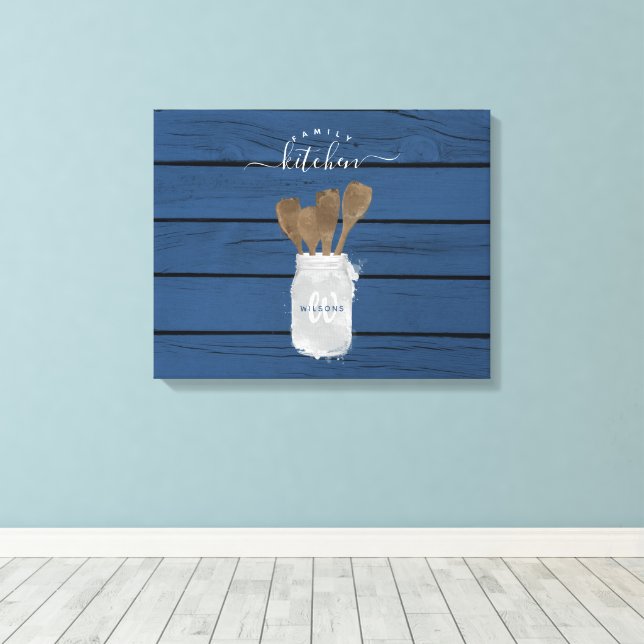 Rustic Blue Wood Jar Spoon Family Kitchen Decor (Insitu(Wood Floor))