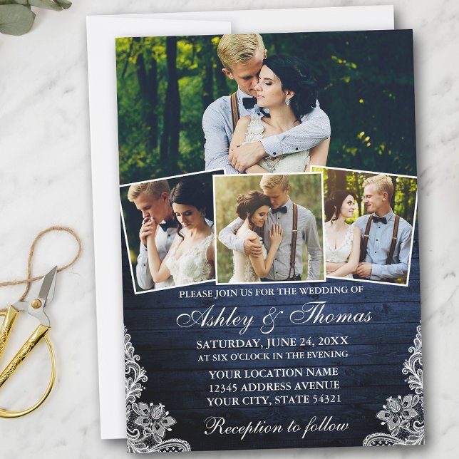 Rustic Blue Wood Lace 4 Photo Wedding Invitation (Customize to add more text or more photos to back of card.)