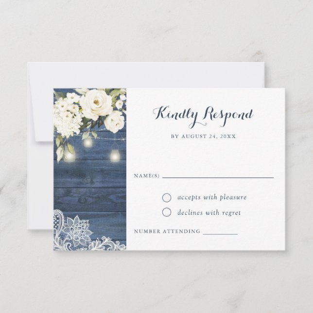 Rustic Blue Wood Lace White Floral Mason Jar RSVP Invitation (Front)