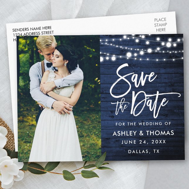 Rustic Blue Wood Lights Brush Script Save The Date Postcard (Customize to change your personalized text size or text style.)