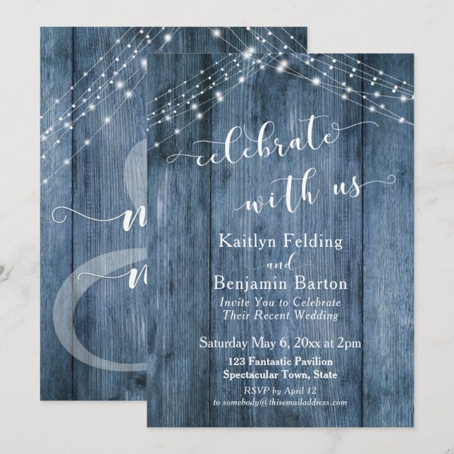 Rustic Blue Wood & Lights Celebrate with Us Invitation (Front/Back)